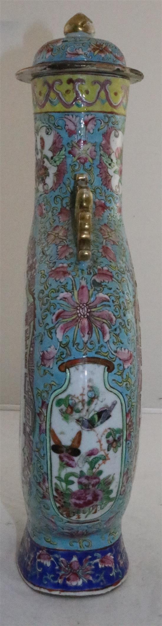 A large Chinese Canton-decorated famille rose moon flask and cover, 19th century, 44cm, restoration